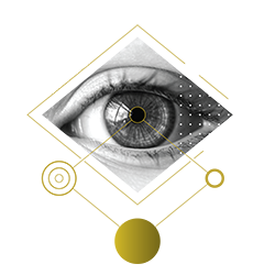 graphic of a closeup of an eye in a 45 degree angle square with gold element accents
