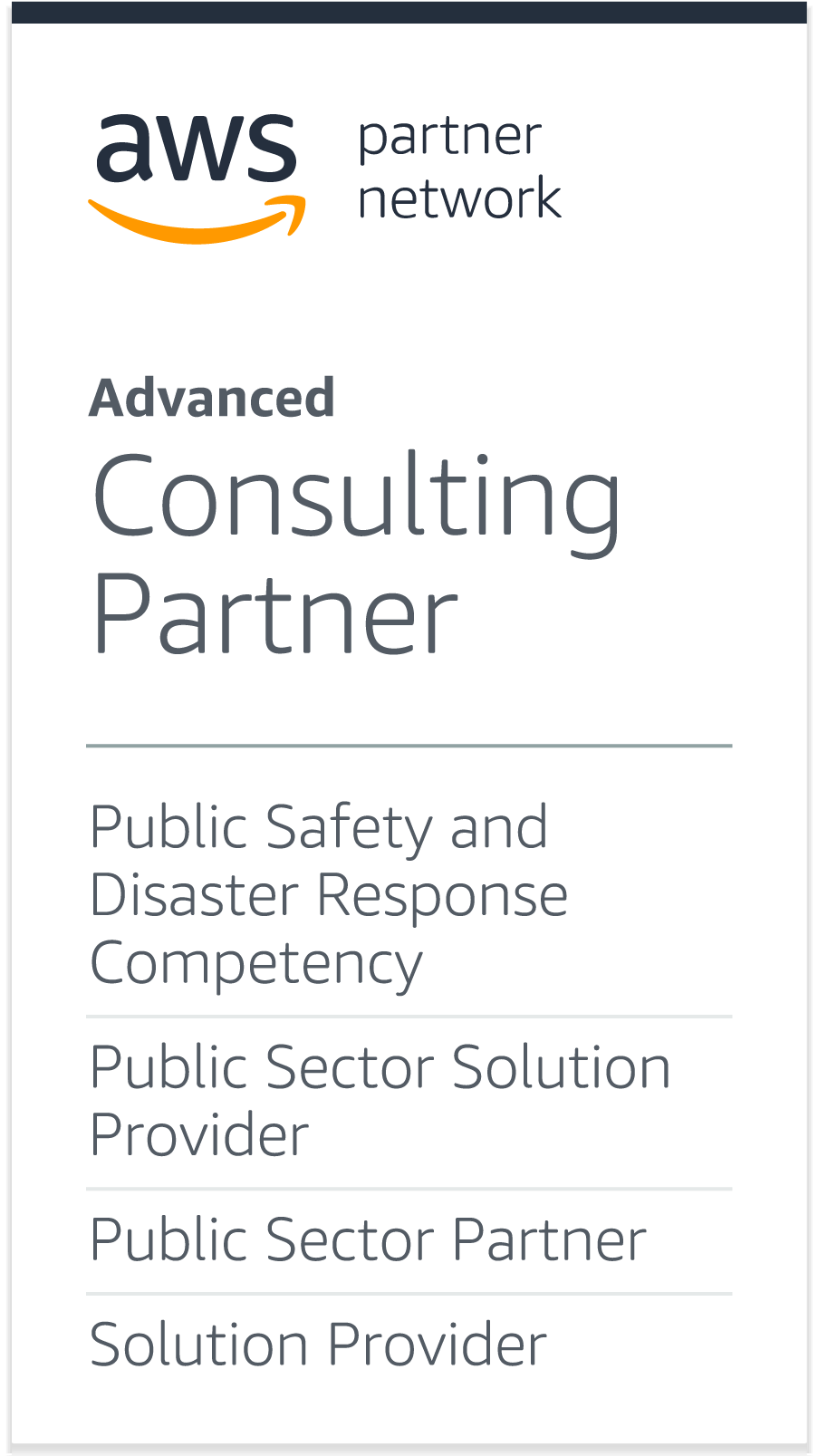 AWS Partner Network, Advanced Consulting Partner: Public Safety and Disaster Reponse Competency, Public Sector Solution Provider, Public Sector Partner, Solution Provider