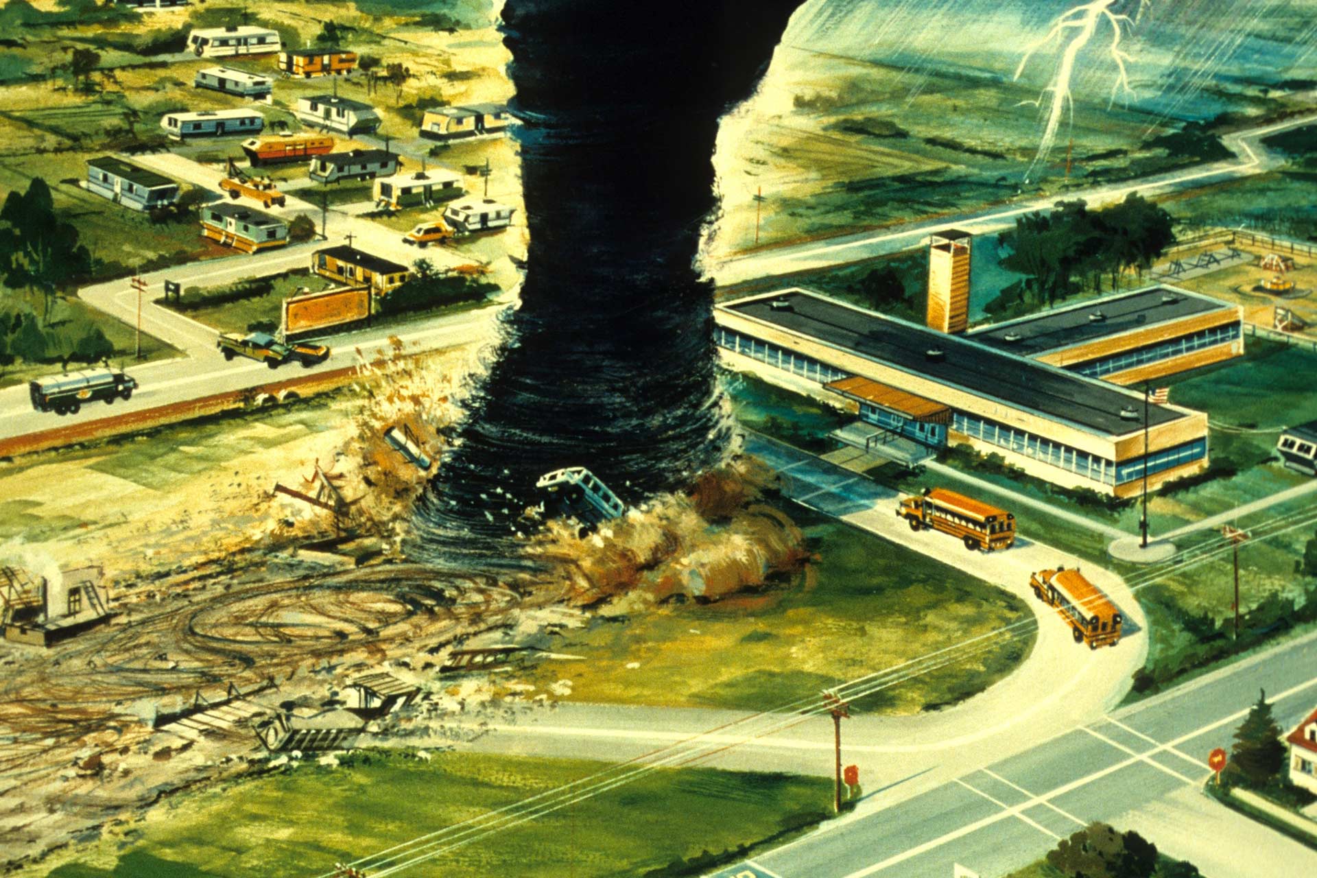 vintage illustration of a tornado driving through buildings